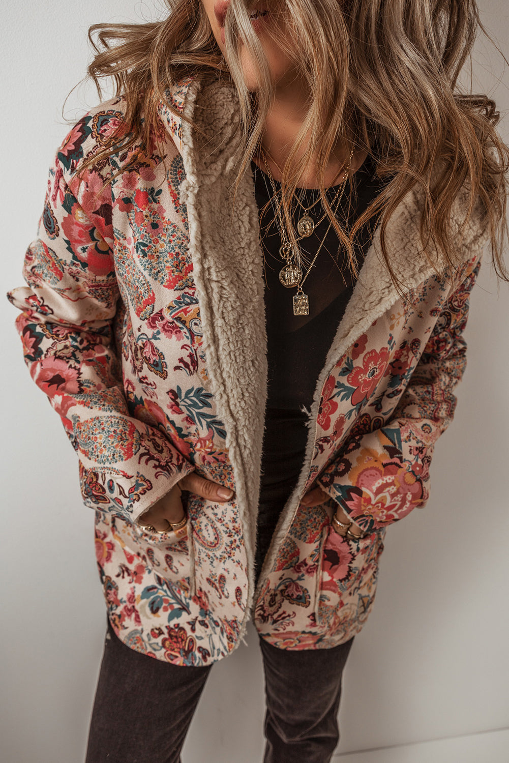 Beige Floral Sherpa Lined Hooded Jacket