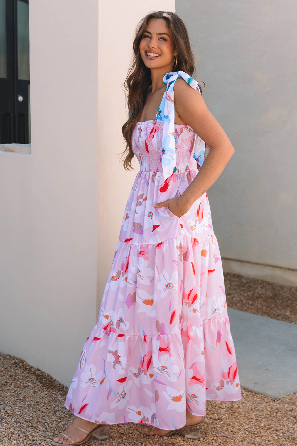 Pink Floral Print Maxi Dress