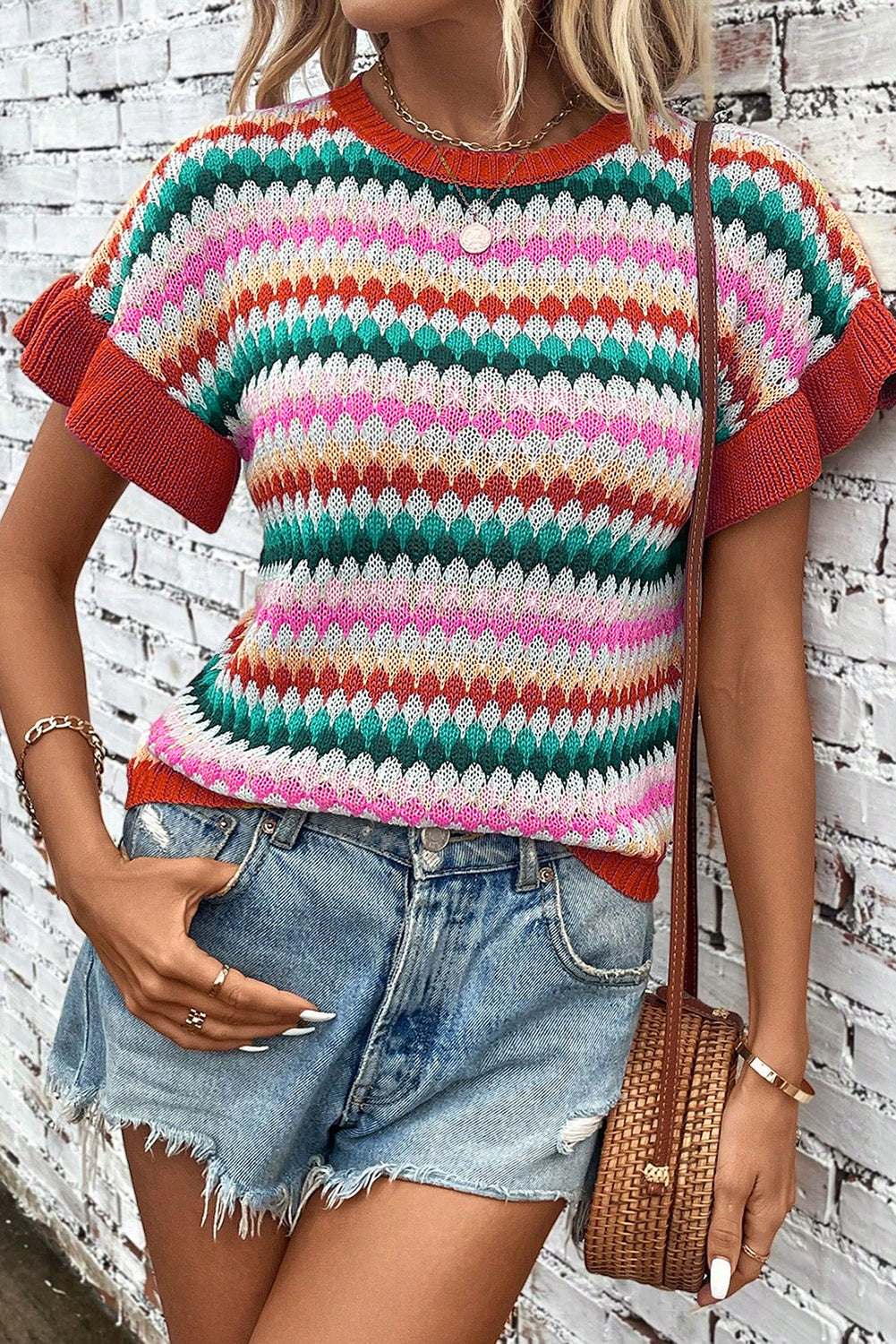 Trimmed Colorful Textured Sweater Top
