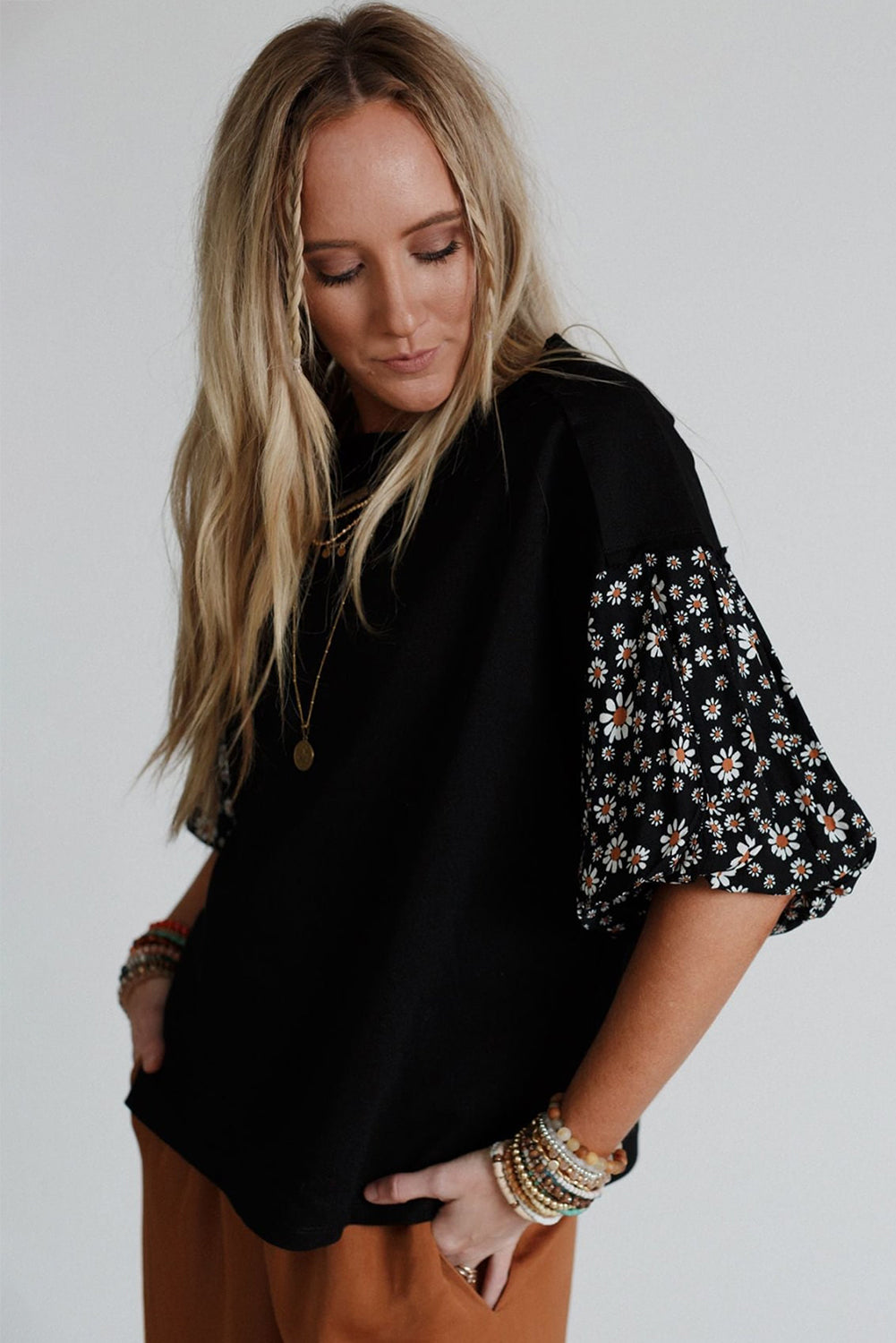 Black Floral Puff Oversized Top