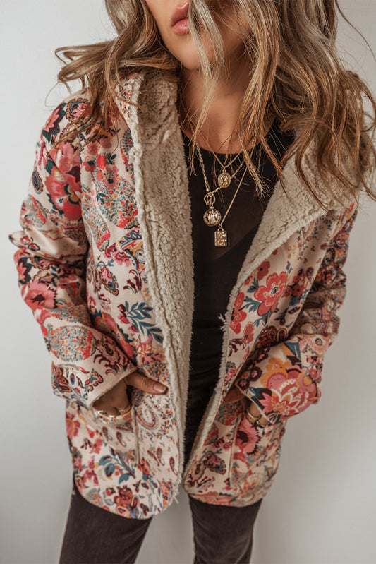 Beige Floral Sherpa Lined Hooded Jacket