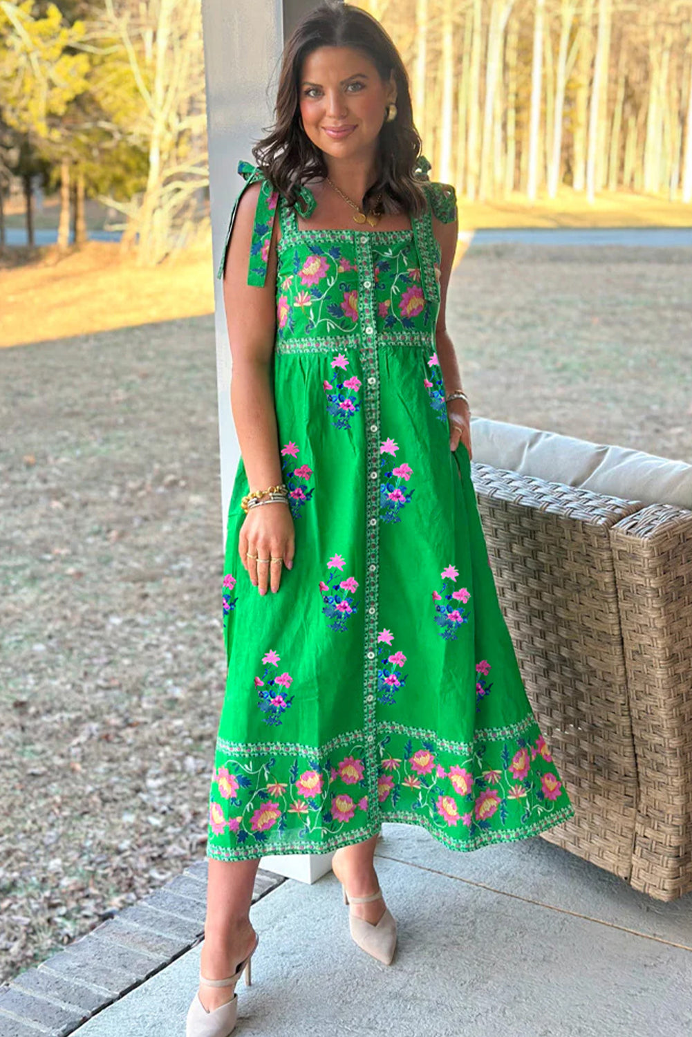 Green Floral Print Midi Dress