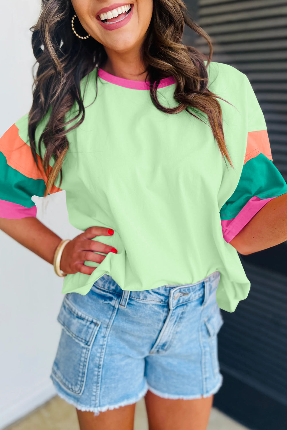 Green Color Block Oversize Top
