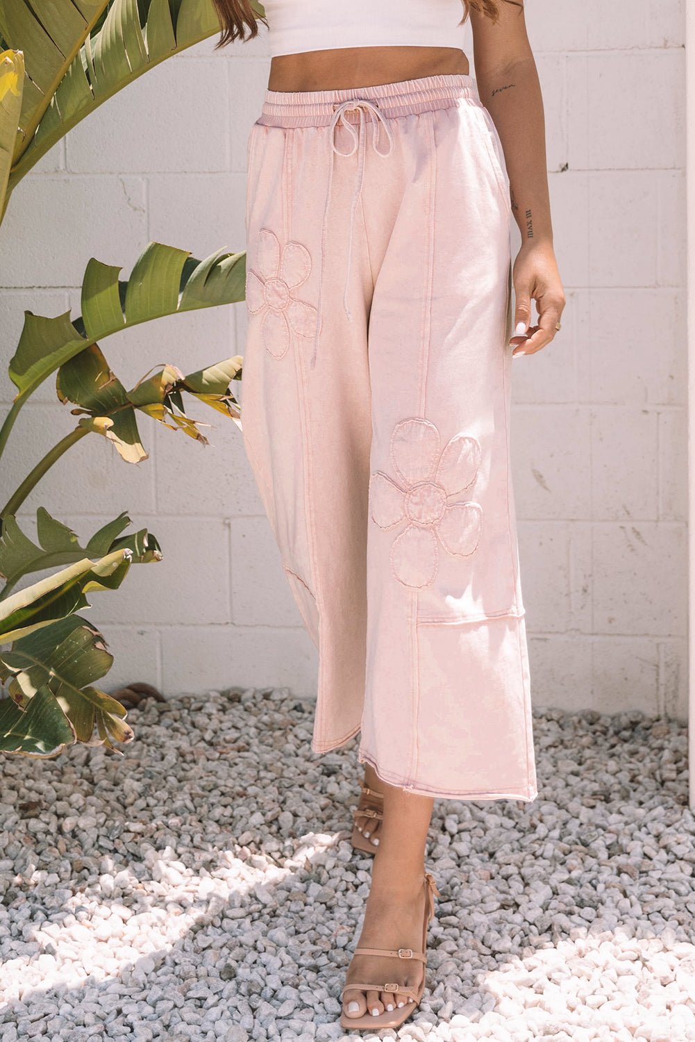 Pink Flower Mineral Washed Wide Leg Pants