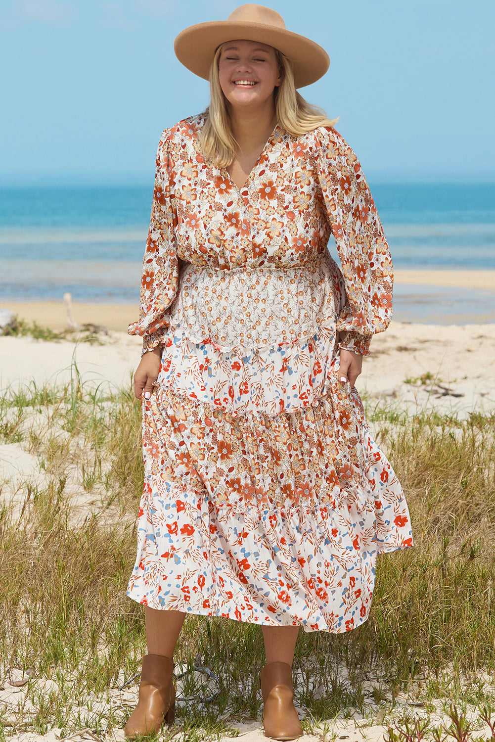 Khaki Floral Tiered Ruffle Maxi Dress