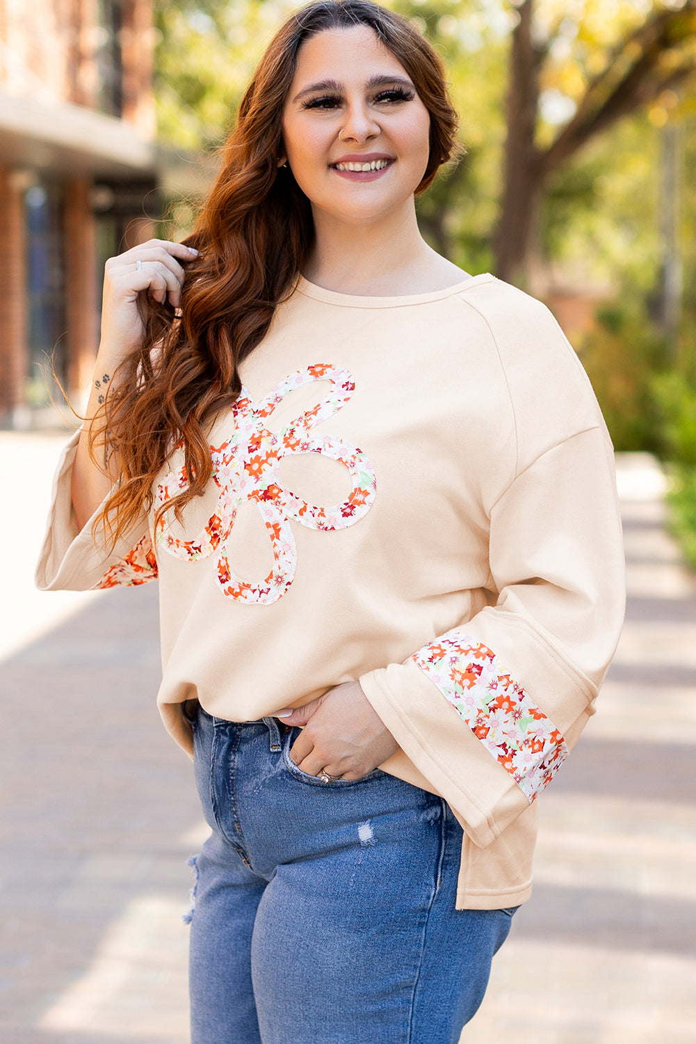 Beige Flower Crewneck Top