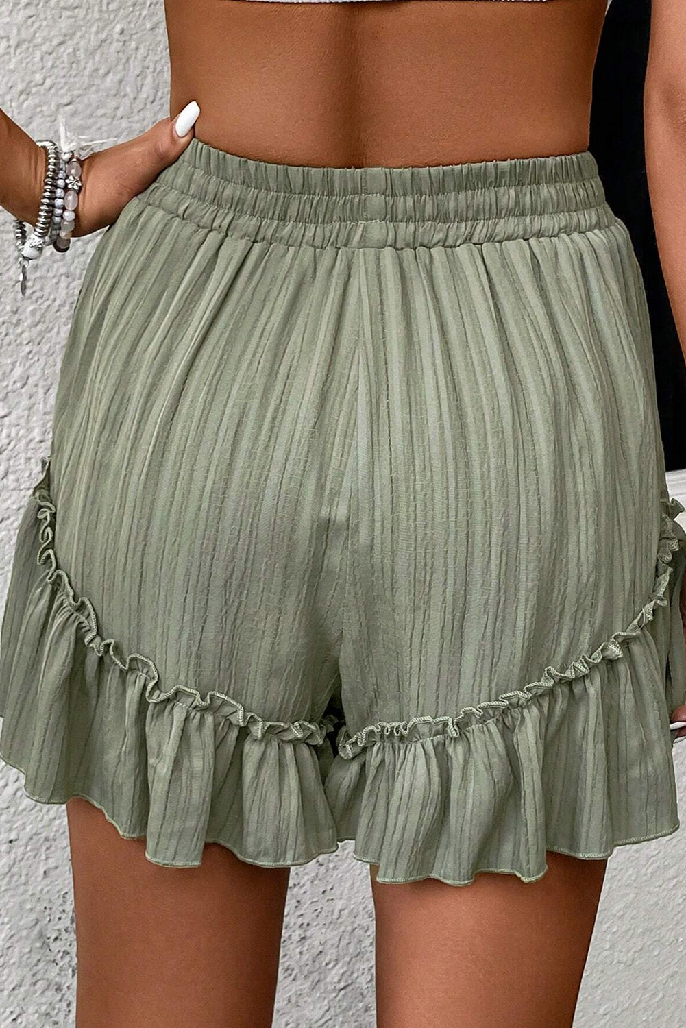 Green Textured Tie Waist Ruffle Shorts
