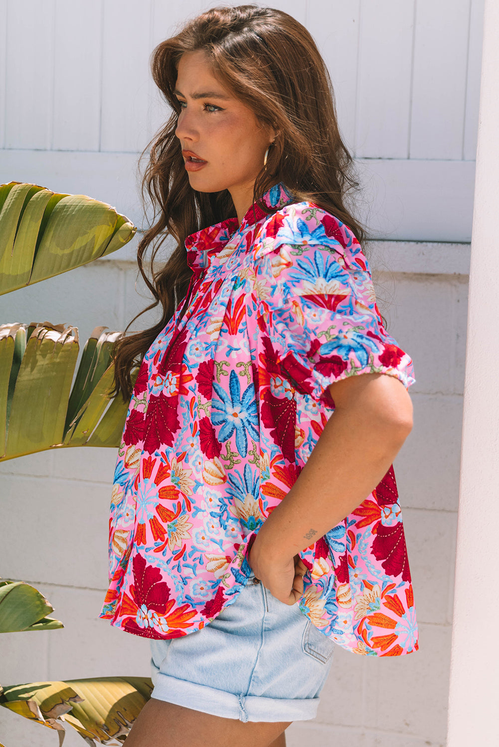 Pink Floral Print Pleated Shirt