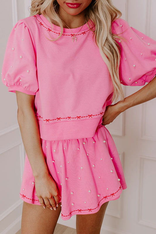 Pink Contrast Bow Trim Pearl Set