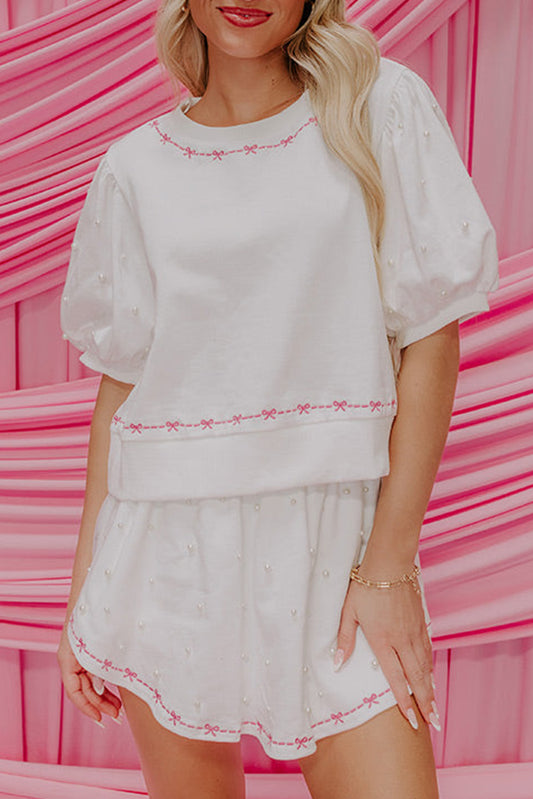 White Pearl Sleeve Blouse and Skort Set