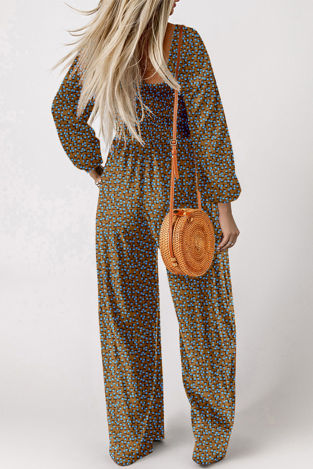 Brown Floral Print Smocked Jumpsuit