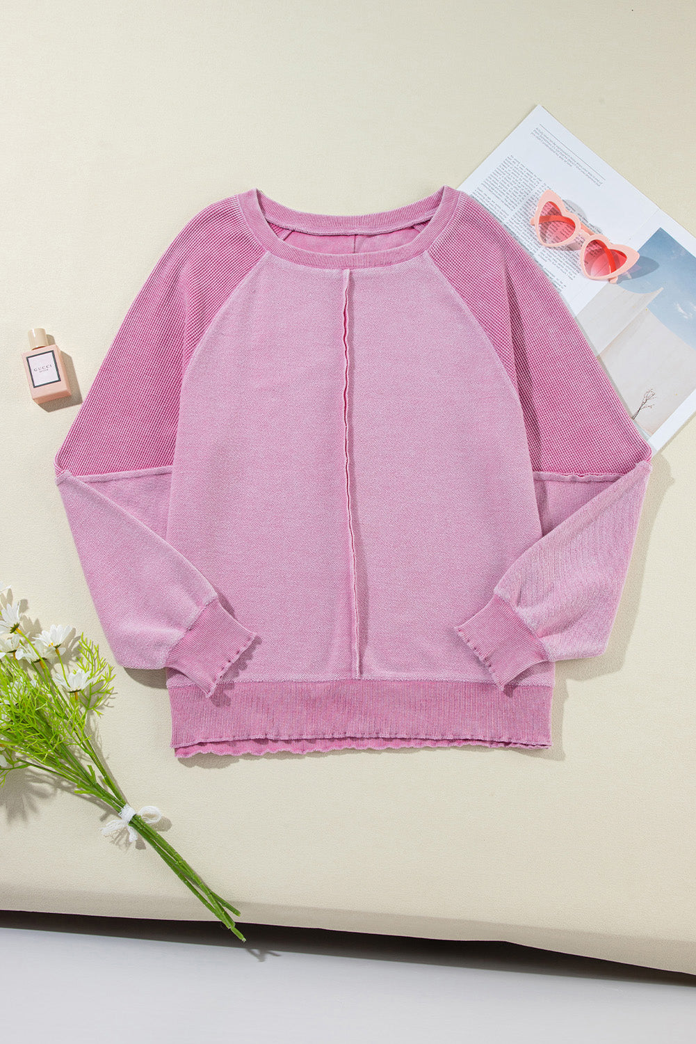 Pink Waffle Knit Patchwork Sweatshirt