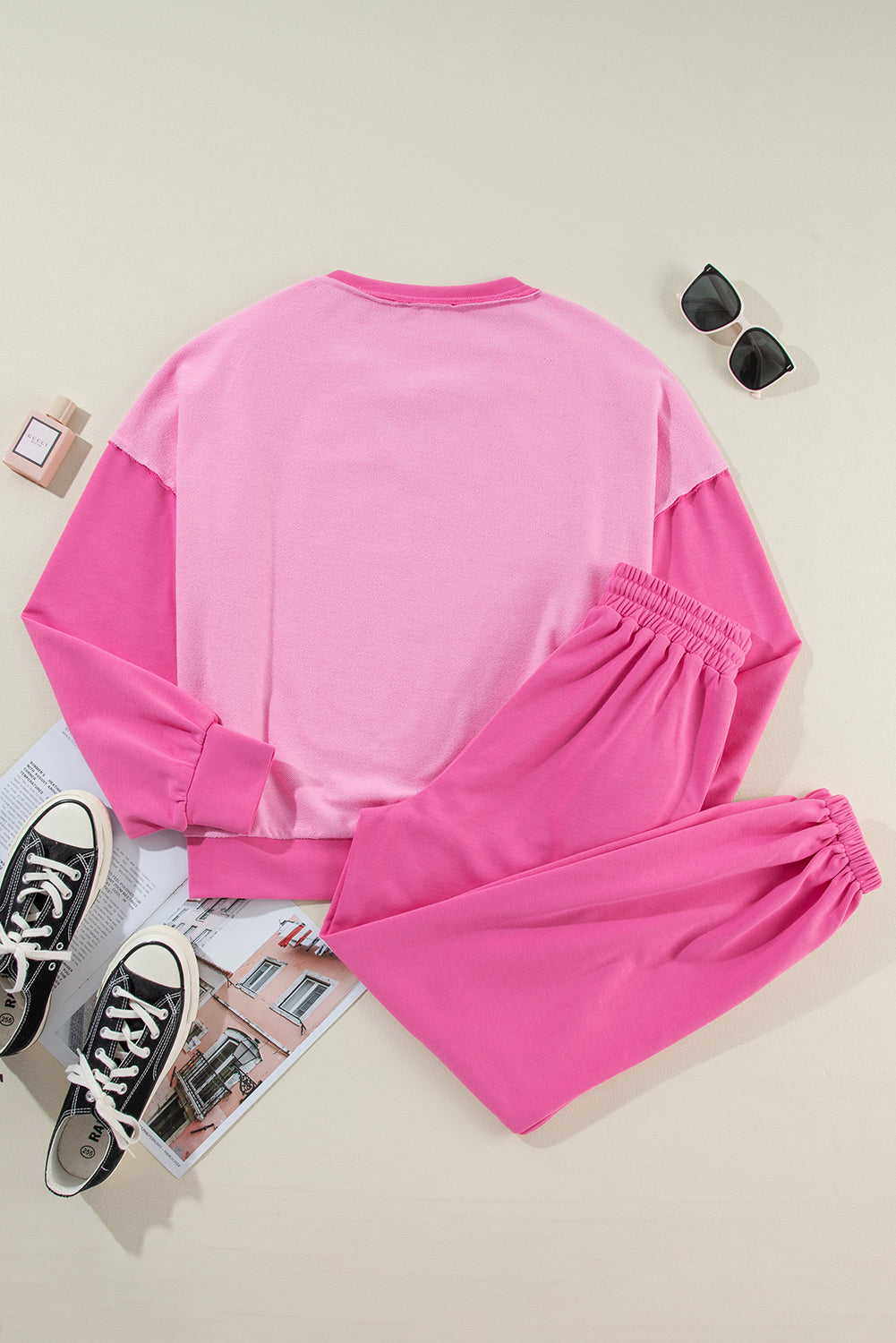 Pink Contrast Patchwork Joggers Set