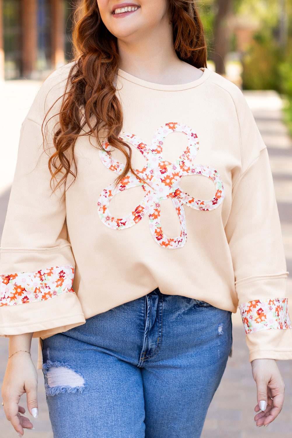 Beige Flower Crewneck Top