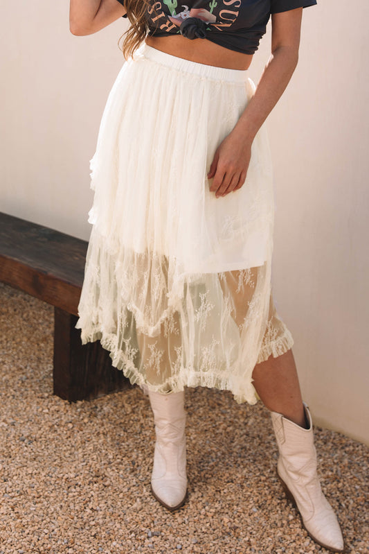 Beige Lace High Waist Maxi Skirt