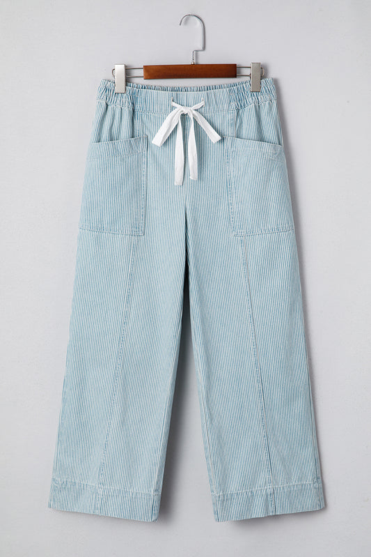 Blue Stripe Mid Rise Drawstring Jeans
