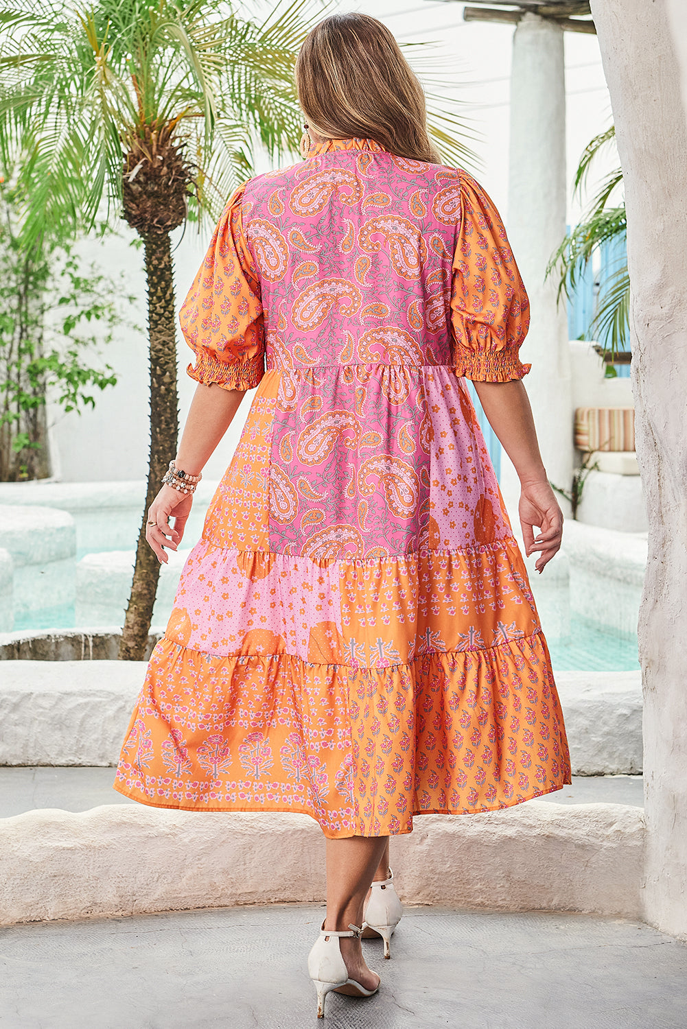 Pink Boho Paisley Floral Midi Dress
