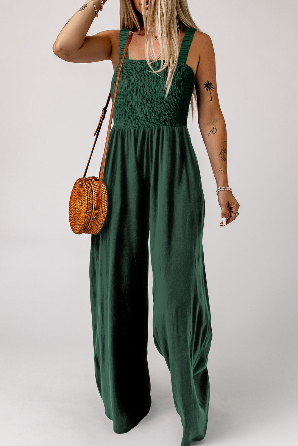 Green Smocked Wide Leg Jumpsuit