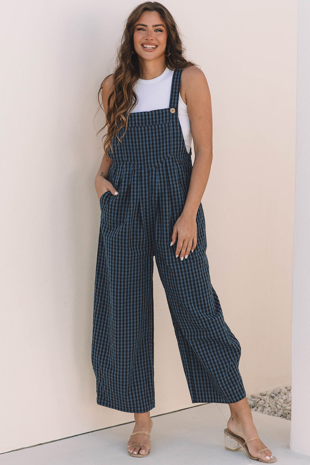 Blue Plaid Print High Waist Overall