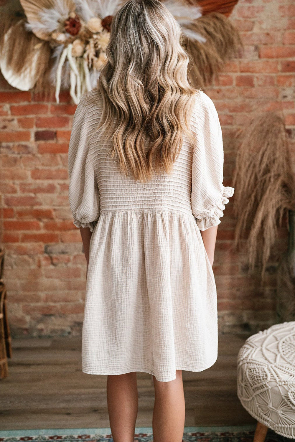 White Textured Ruffled Dress