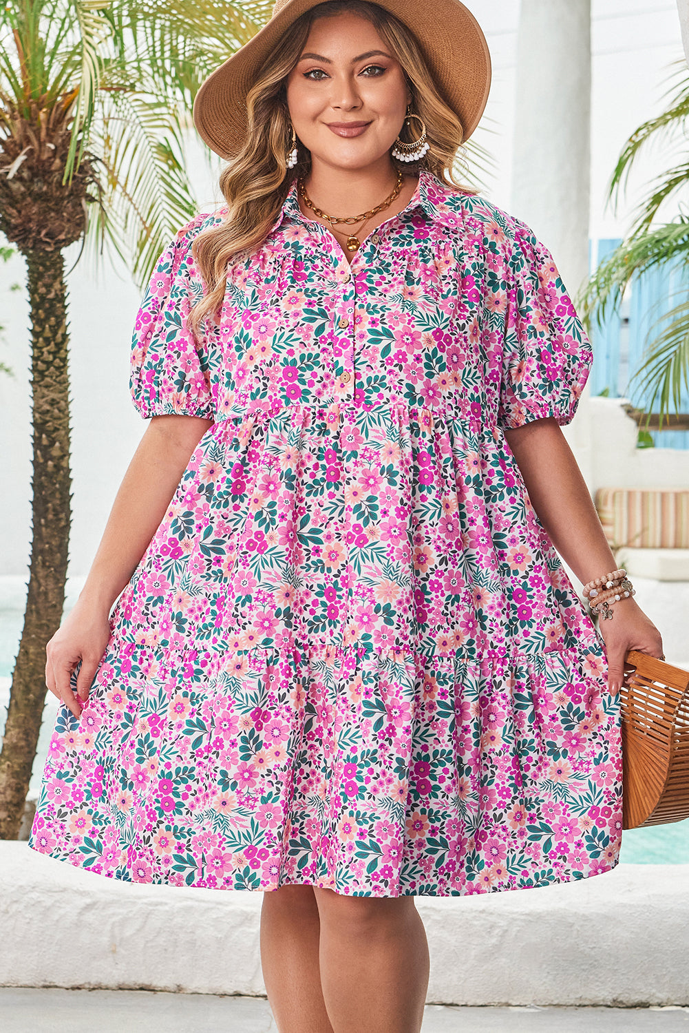 Pink Floral Short Puff Sleeve Dress