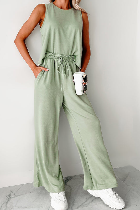 Smoke Green Tank Top and High Waist Pants Set