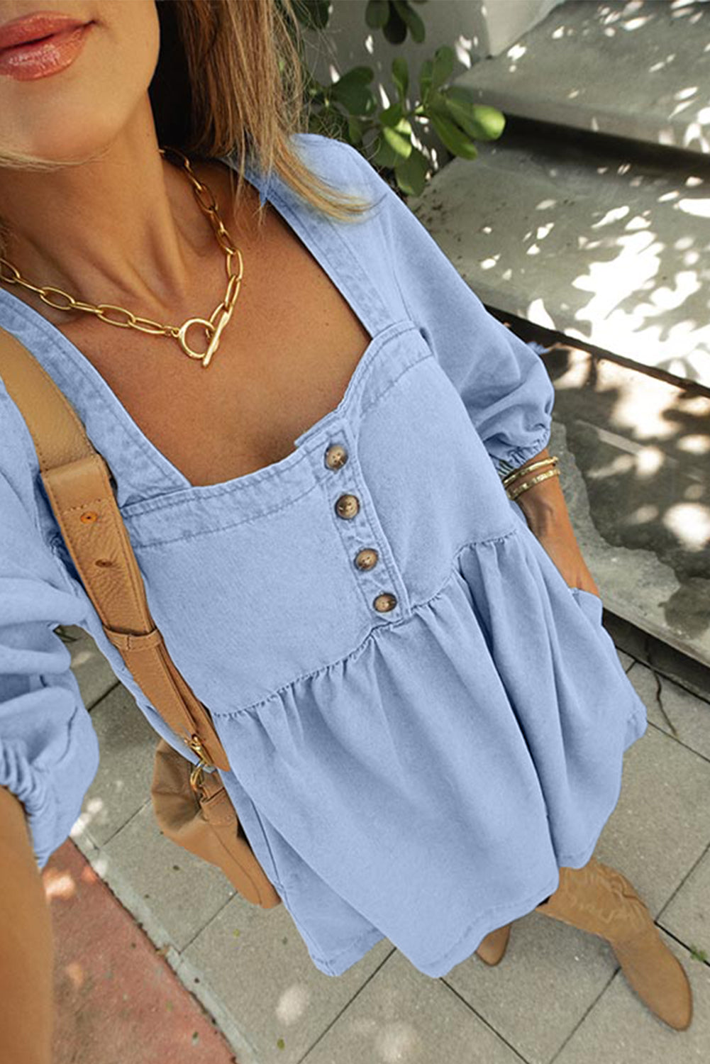 Blue Denim Button Babydoll  Mini Dress