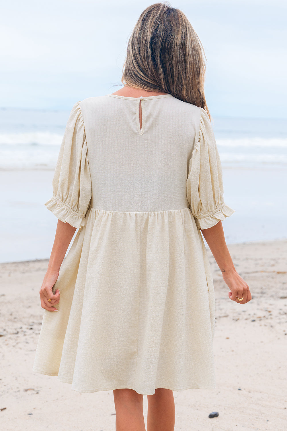 White Textured Ruffled Dress