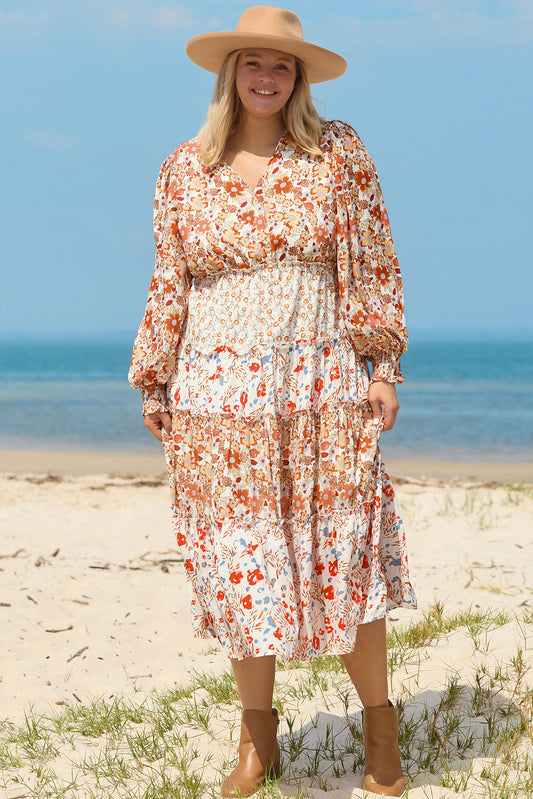 Khaki Floral Tiered Ruffle Maxi Dress
