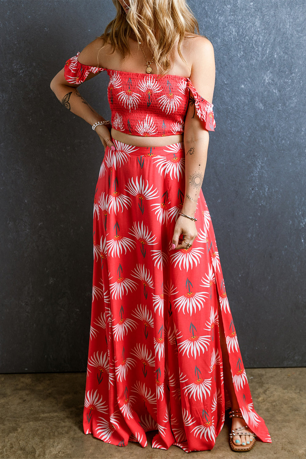 Red Floral Crop Top and Maxi Skirt Set