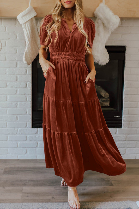Chestnut Velvet Tiered Maxi Dress