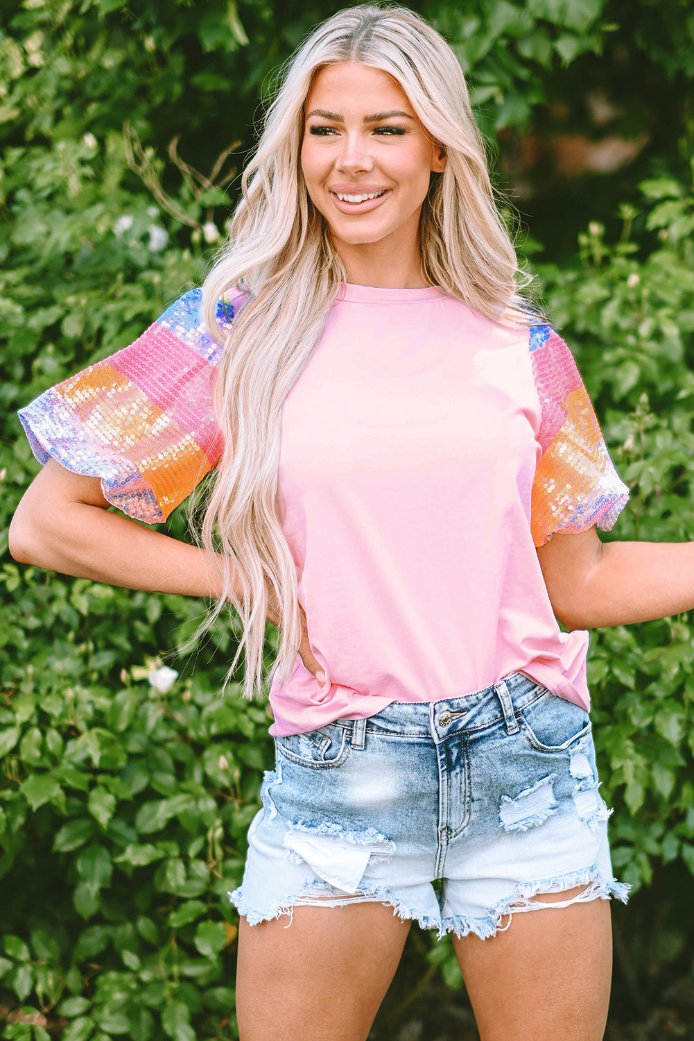 Pink Sequin Puff Sleeve Top