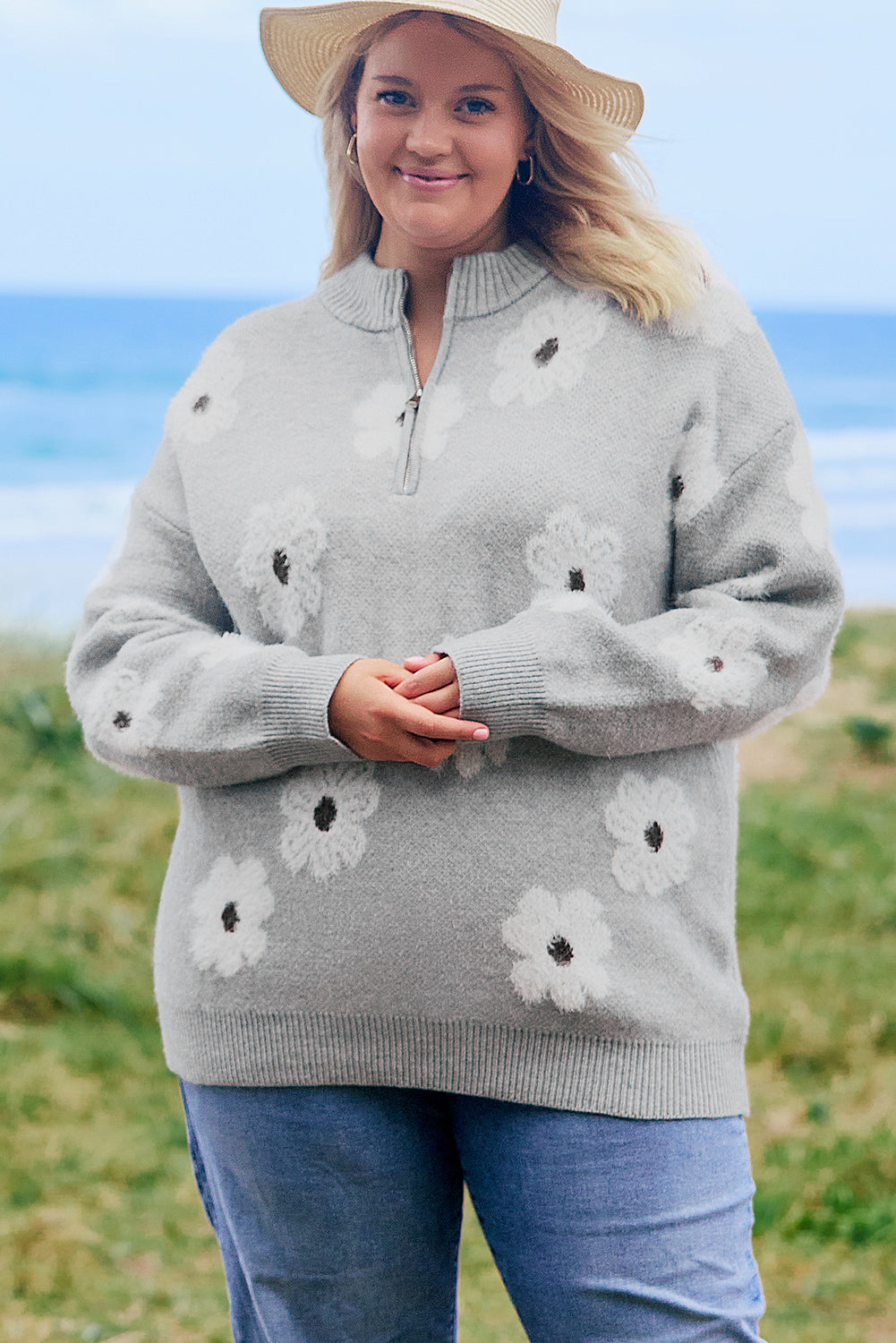 Gray Embroidered Floral Half Zip Sweater
