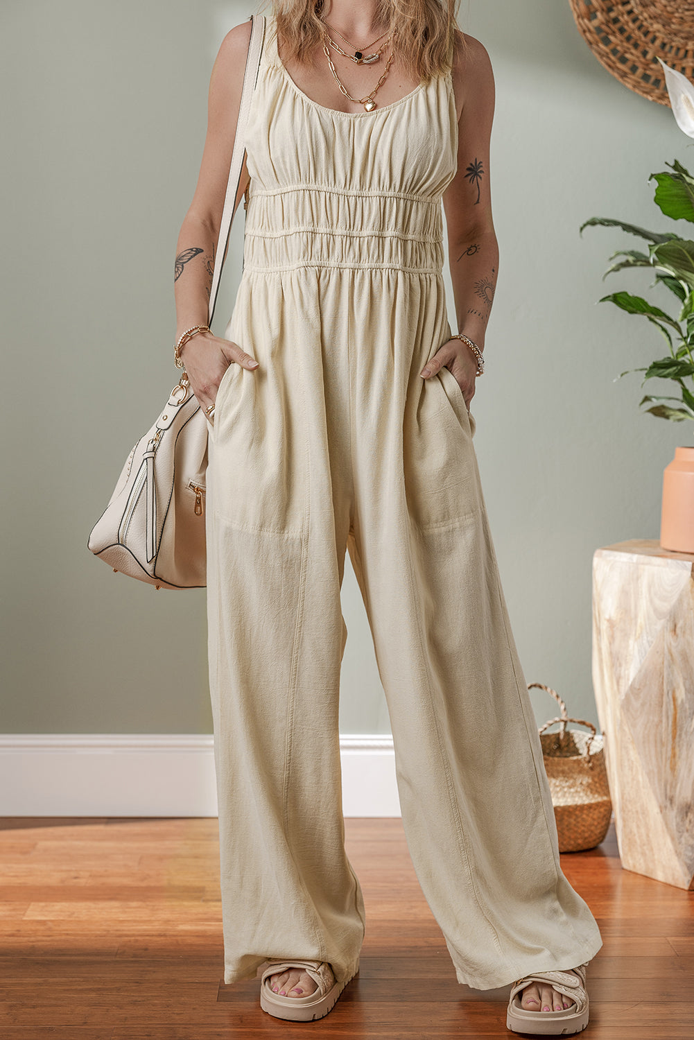 Beige High Waist Wide Leg Jumpsuit