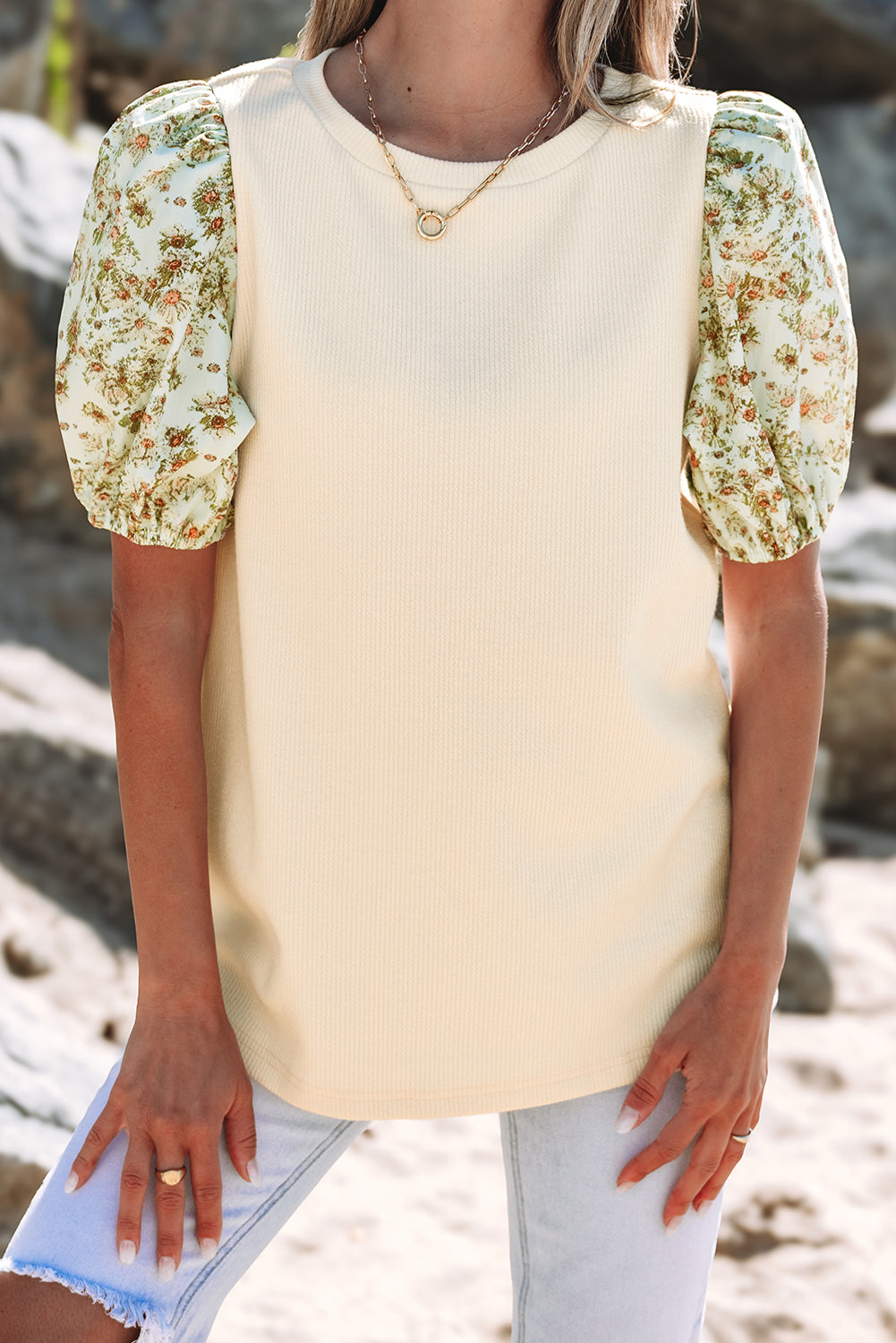 Beige Floral Patchwork Ribbed Top