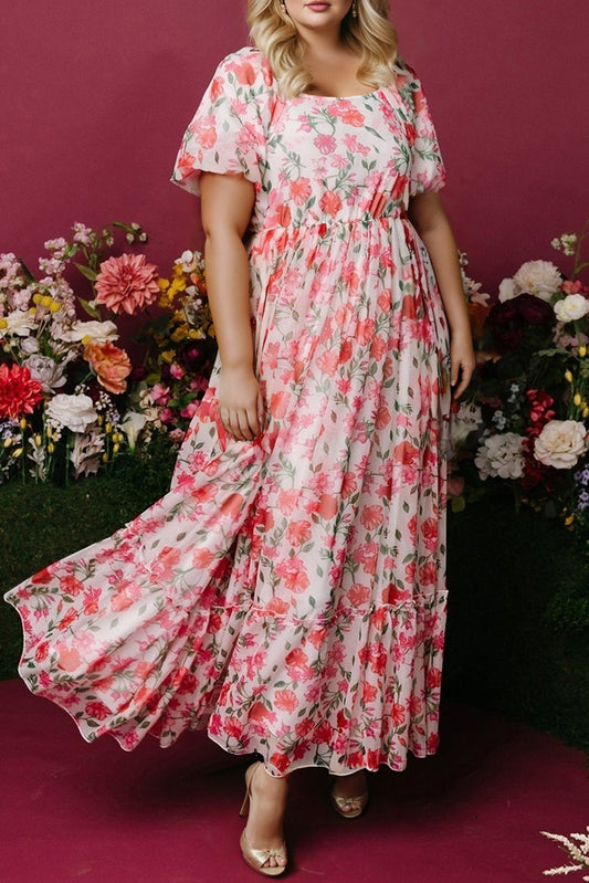 Pink Floral Ruffle Maxi Dress