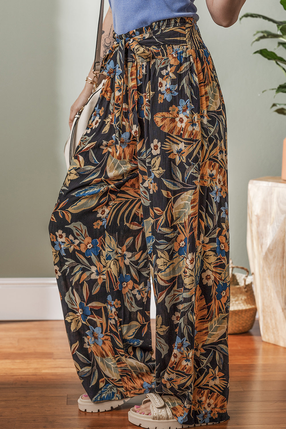Multicolour Floral Wide Leg Pants with Tie