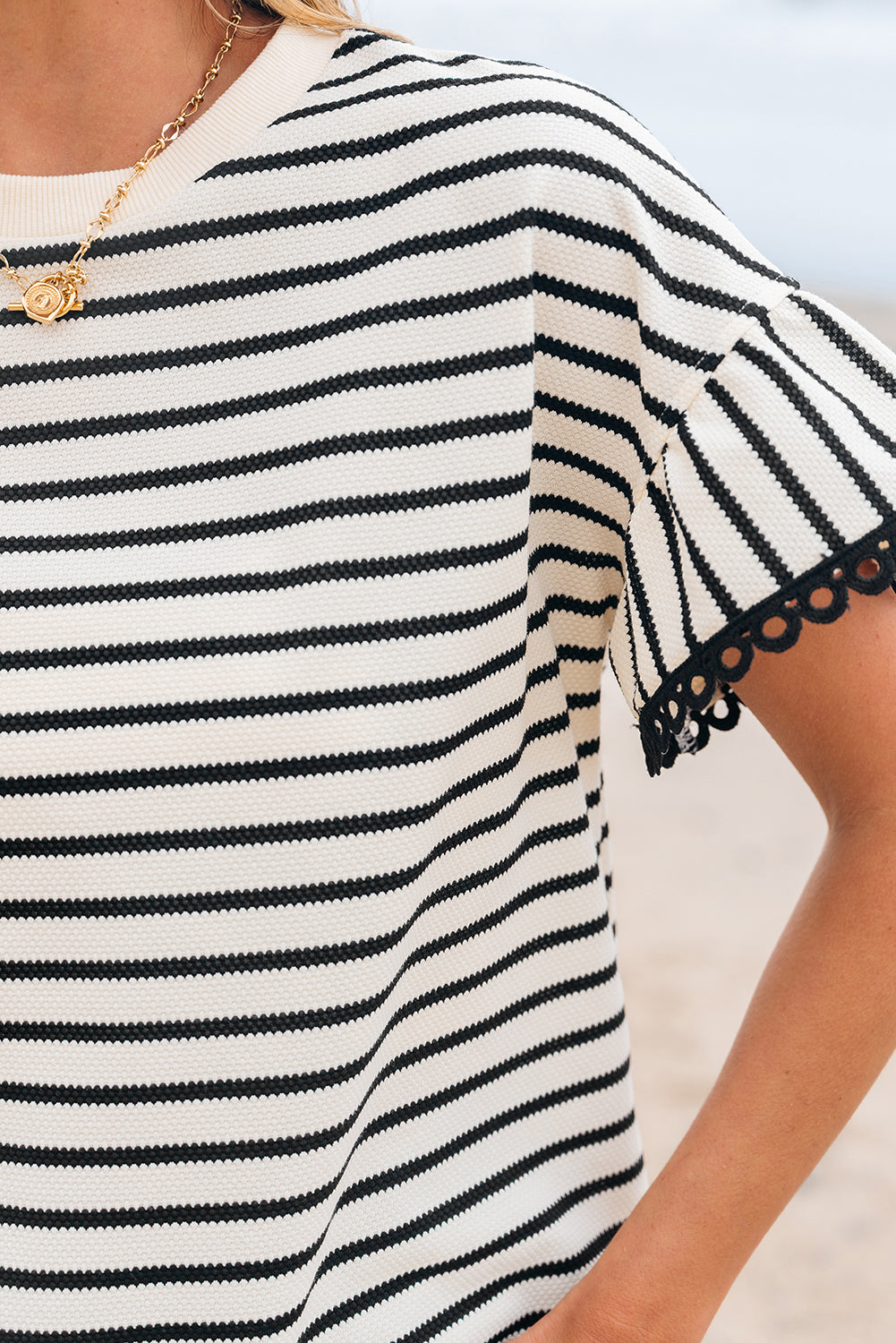 Black Stripe Scallop Lace Top