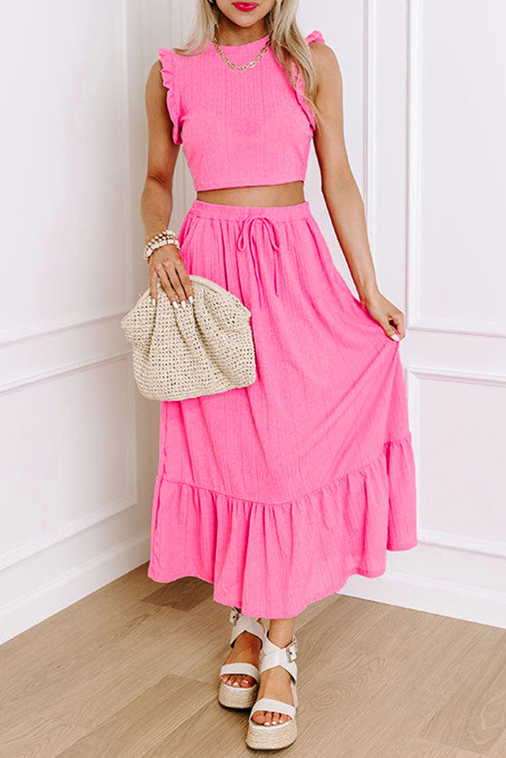 Pink Textured Ruffle Long Skirt Set