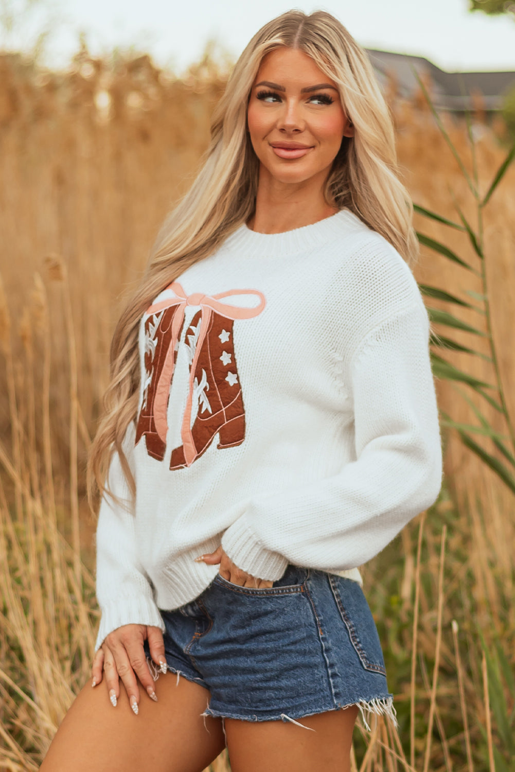 White Embroidered Bow Boots Sweater