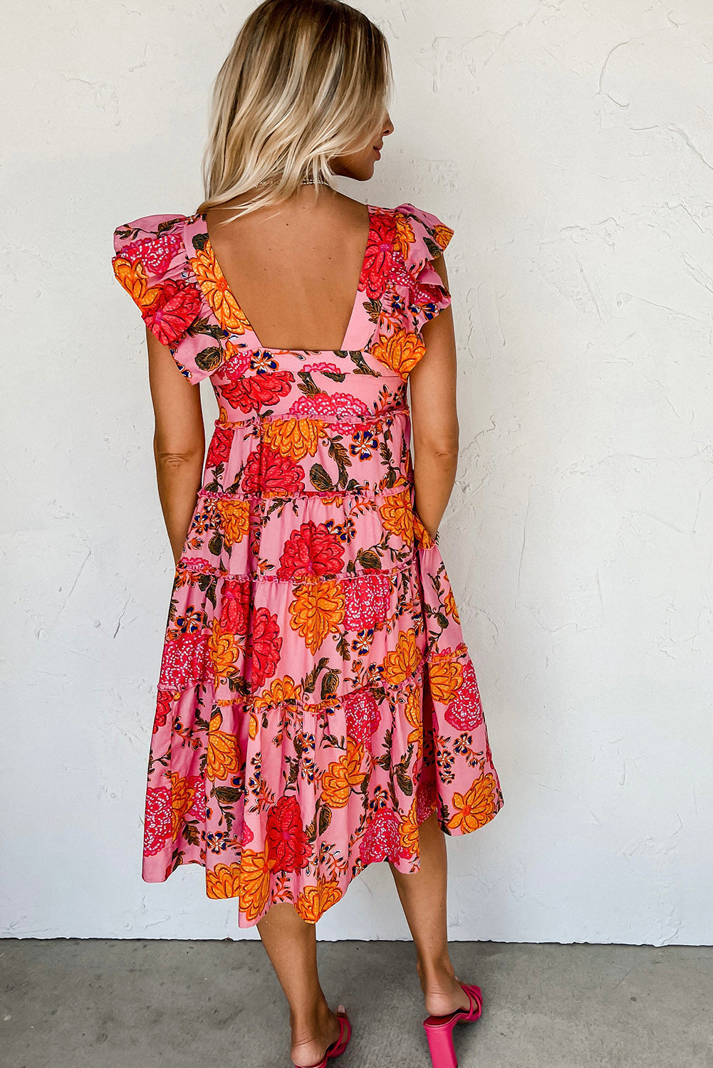 Pink Floral Square Midi Dress