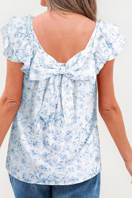 Sky Blue Floral Bow Back Blouse