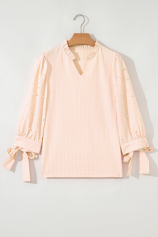 Pink Stripe Pearl Puff Sleeve Blouse