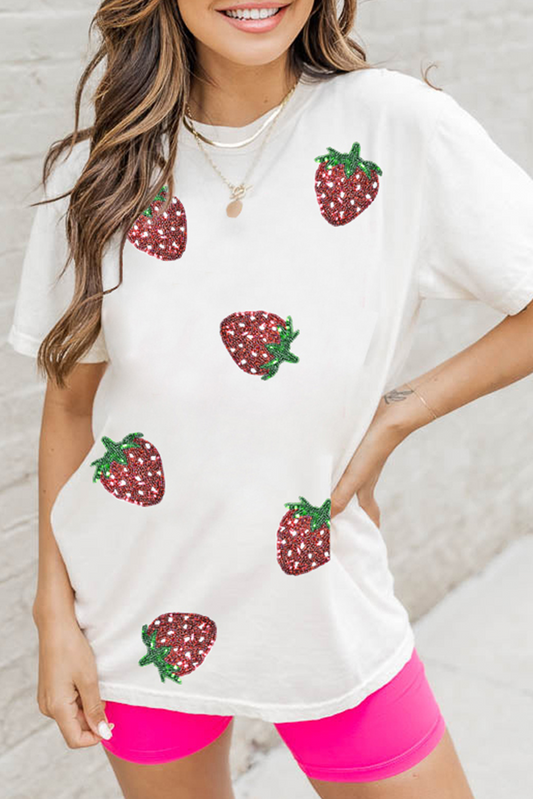 White Sequin Strawberry Tee
