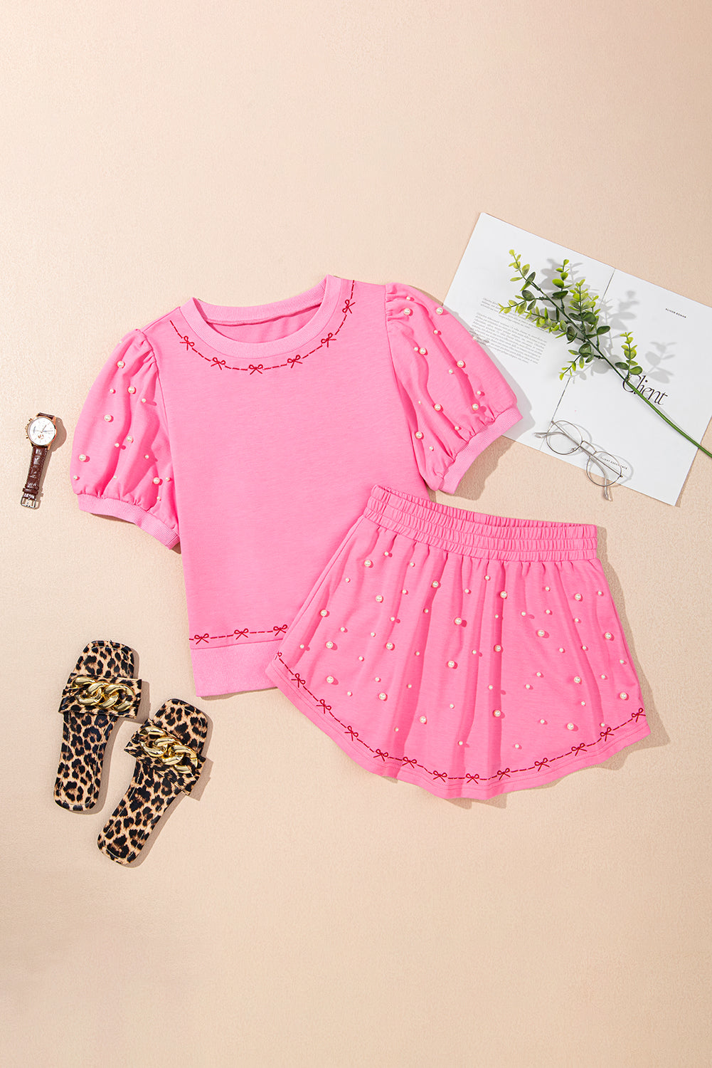 Pink Contrast Bow Trim Pearl Set