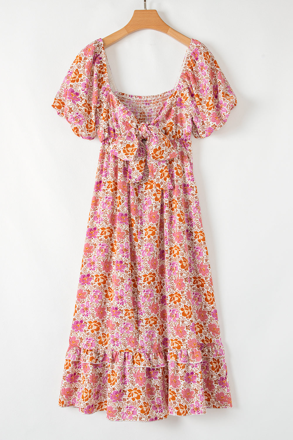 Pink Floral Square Neck Midi Dress