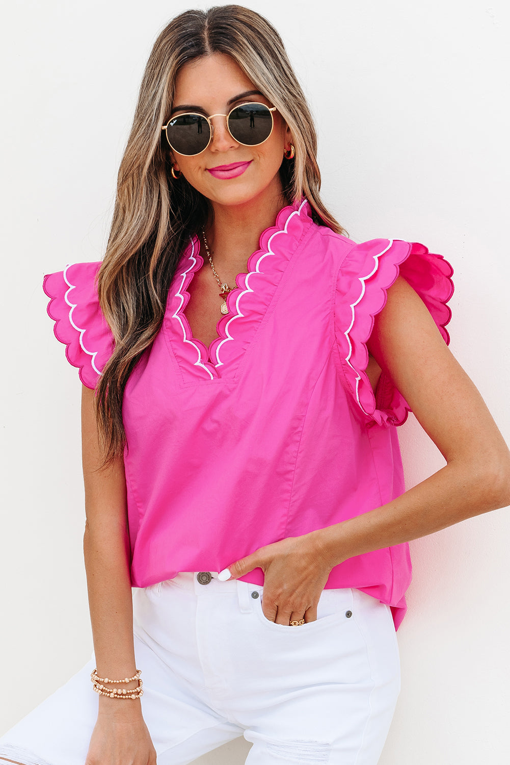 Bright Pink V Neck Blouse