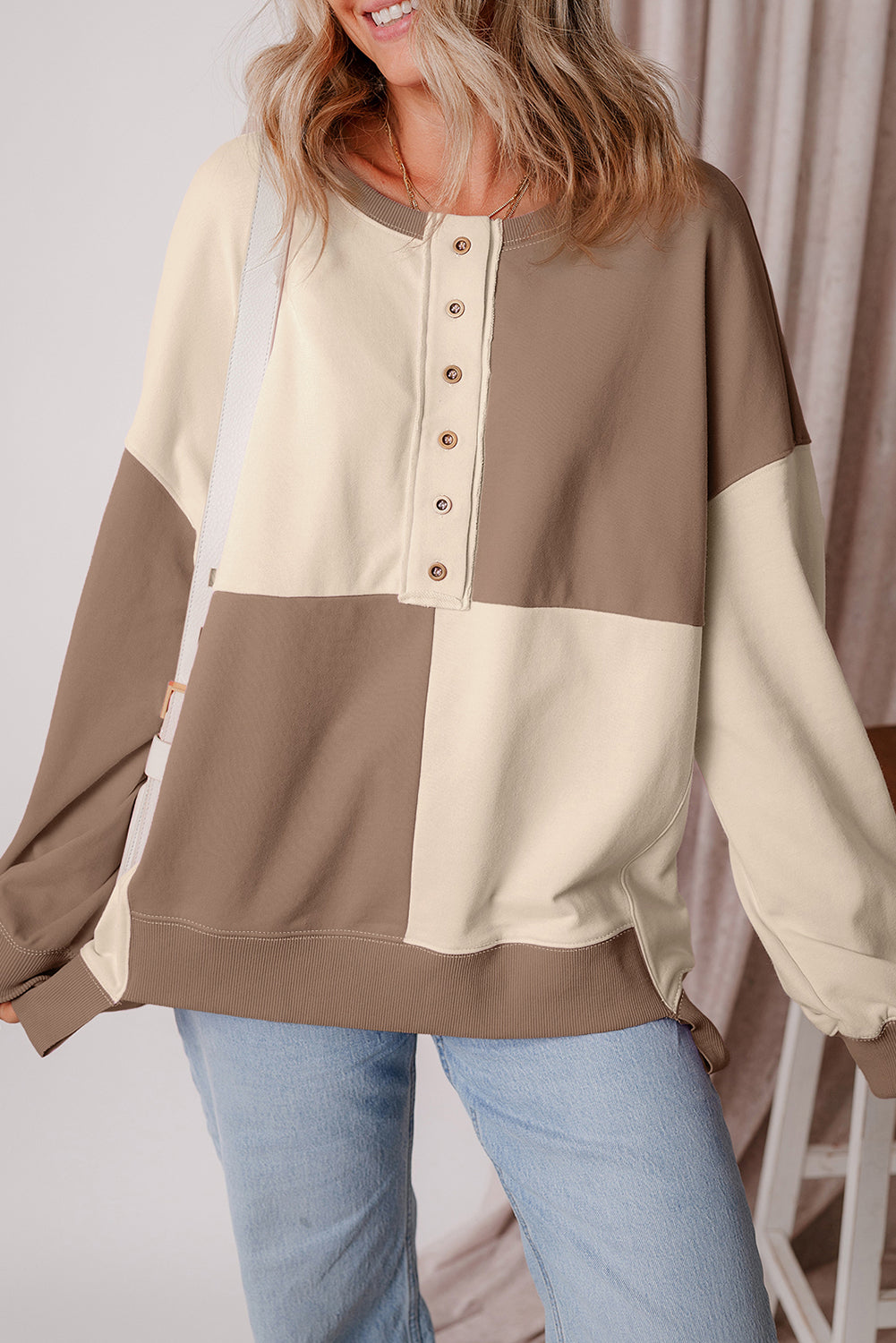 Parchment Colorblock Henley Oversize Sweatshirt