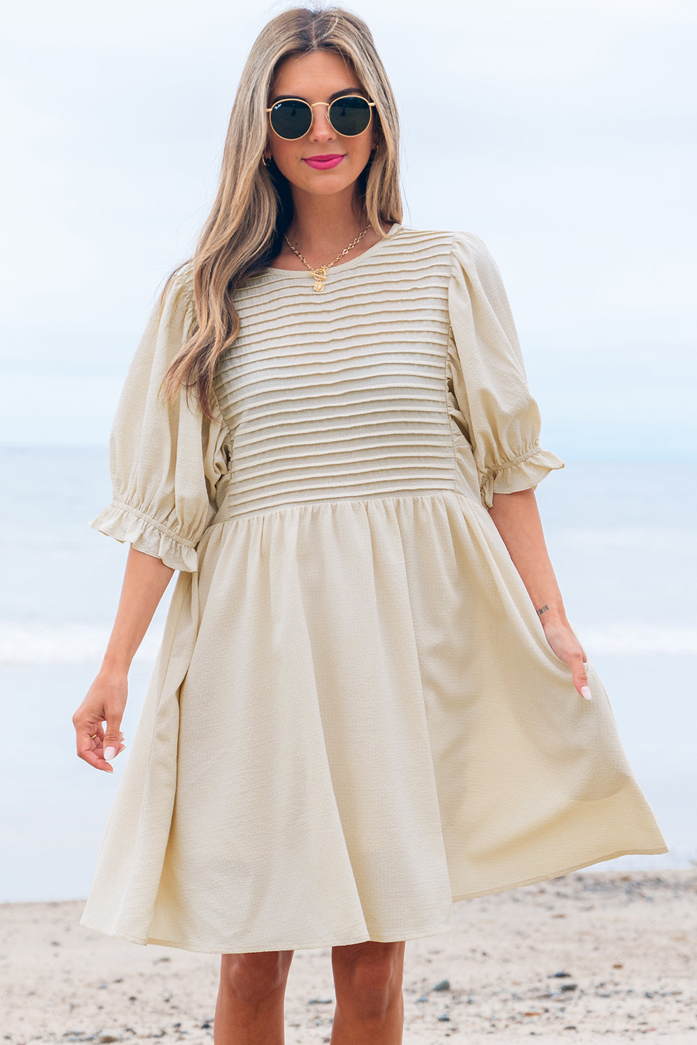 White Textured Ruffled Dress