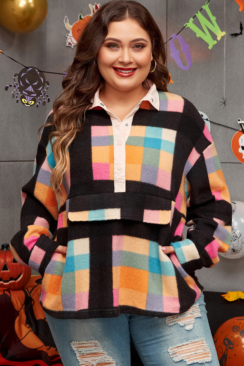 Black Checkered Print Sherpa Sweatshirt